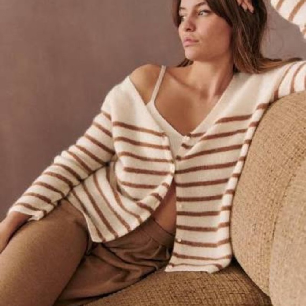 Sezane Cream and Brown Striped Cardigan